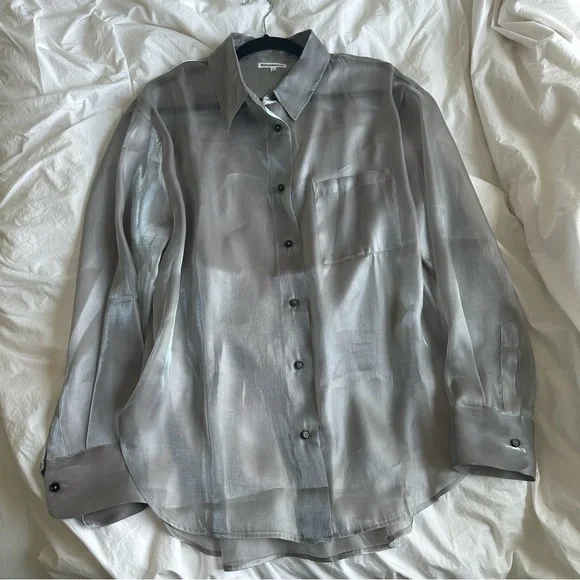 reformation will oversized sheer shirt in silver - Picture 2 of 3